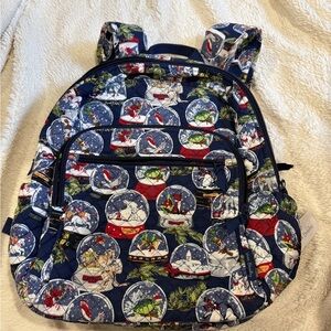 Vera Bradley Navy Quilted Campus Backpack with Holiday Snow Globe Motif